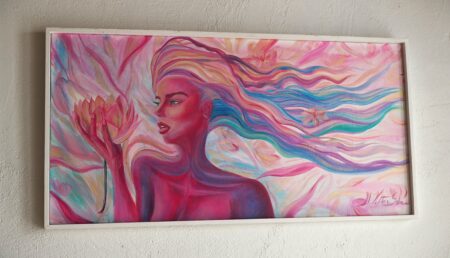 Blossom - Pittura acrilico su tela Feminine Power di Vittoria Saba, 80x40 cm, arte intuitiva e spirituale Sardegna, quadro empowerment femminile in vendita