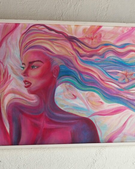 Blossom - Pittura acrilico su tela Feminine Power di Vittoria Saba, 80x40 cm, arte intuitiva e spirituale Sardegna, quadro empowerment femminile in vendita
