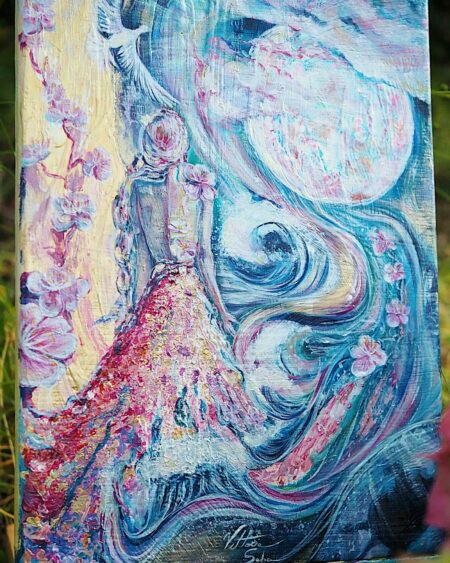 Connection - Opera astratta acrilico e mixed media To The Moon di Vittoria Saba, 30x40 cm 2025, connessione lunare e intuitiva Sardegna, quadro spirituale in vendita