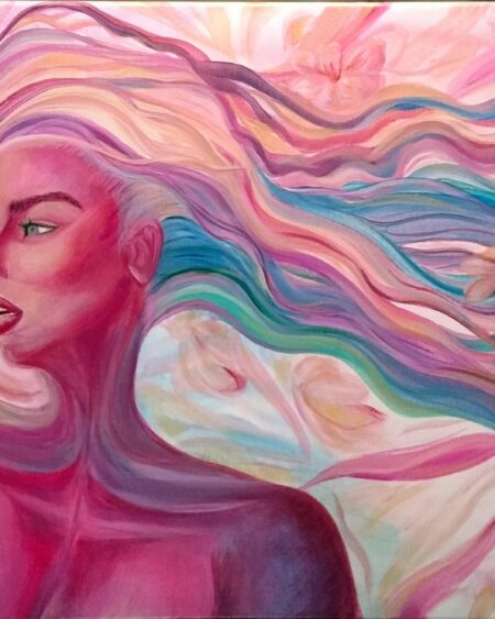 Blossom - Pittura acrilico su tela Feminine Power di Vittoria Saba, 80x40 cm, arte intuitiva e spirituale Sardegna, quadro empowerment femminile in vendita