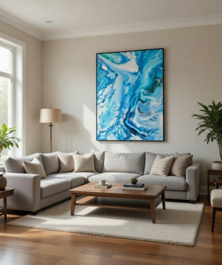 Nebulosa Sardinian Blue – opera Fluid Art astratta mare sardo blu oltremare, Vittoria Saba 120x80 cm, soggiorno luxury.