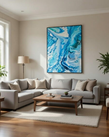 Nebulosa Sardinian Blue – opera Fluid Art astratta mare sardo blu oltremare, Vittoria Saba 120x80 cm, soggiorno luxury.
