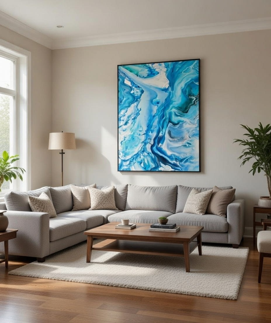 Nebulosa Sardinian Blue – opera Fluid Art astratta mare sardo blu oltremare, Vittoria Saba 120x80 cm, soggiorno luxury.