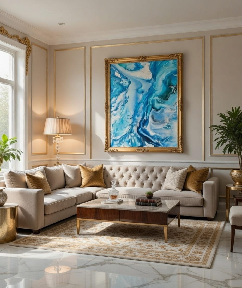 Nebulosa Sardinian Blue – opera Fluid Art astratta mare sardo blu oltremare, Vittoria Saba 120x80 cm, soggiorno luxury.
