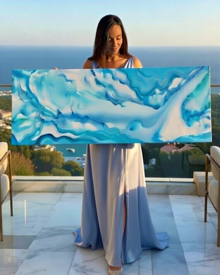 Nebulosa Oltremare – opera Fluid Art astratta mare sardo blu oltremare, Vittoria Saba 150x50 cm