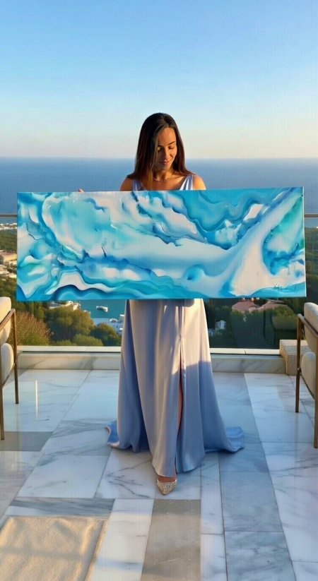Nebulosa Oltremare – opera Fluid Art astratta mare sardo blu oltremare, Vittoria Saba 150x50 cm
