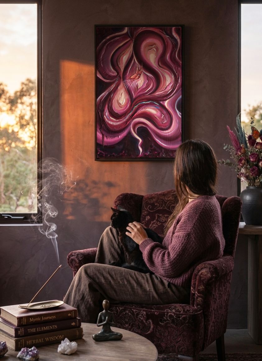 Quadro moderno mistico astratto sui toni viola, uterino, bordeaux e oro della collezione Eterea in una soggiorno luminoso bohoo, incorniciato in legno alta qualità, pronta da appendere.