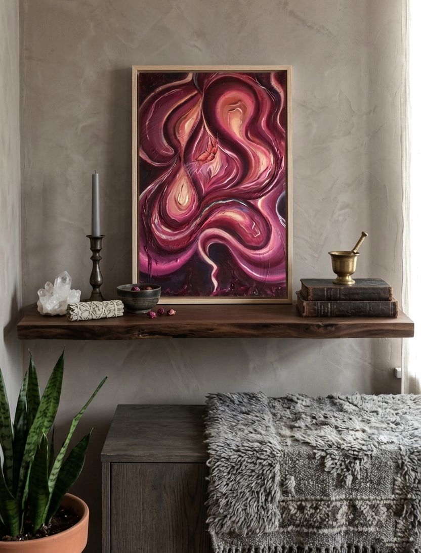 Quadro mistico astratto femminile Open Heart Portal della collezione Eterea, dark feminine energy stamp, stampa su tela già intelaiata e incorniciata pronta da appendere.