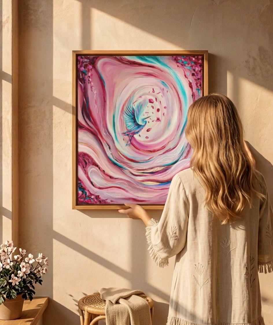 Quadro moderno astratto rosa della collezione Eterea in una soggiorno luminoso bohoo, dipinto su tela già incorniciato in legno alta qualità, pronta da appendere.