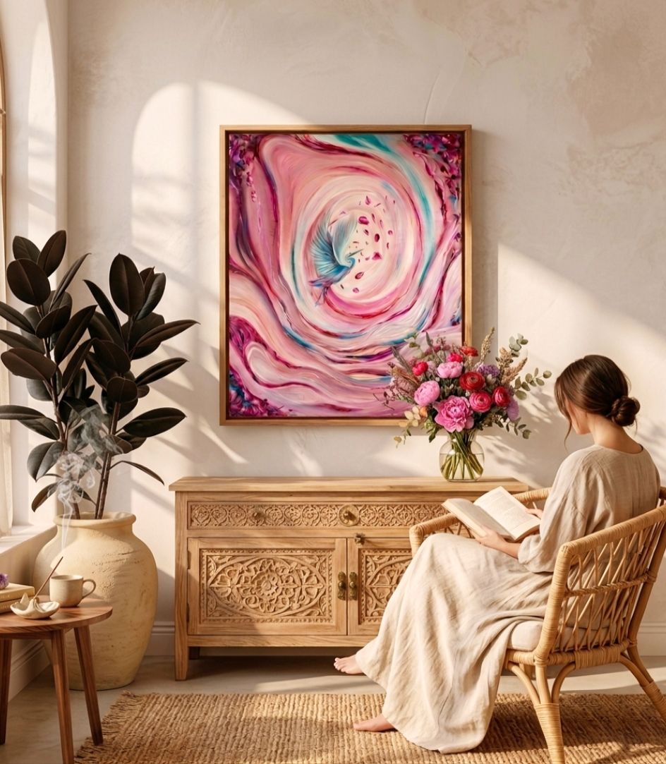 Quadro moderno astratto rosa della collezione Eterea in una soggiorno luminoso bohoo, dipinto su tela già incorniciato in legno alta qualità, pronta da appendere.