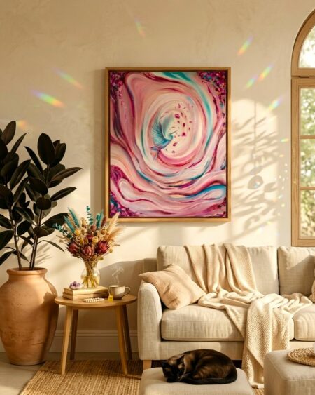 Quadro moderno astratto rosa della collezione Eterea in una soggiorno luminoso bohoo, dipinto su tela già incorniciato in legno alta qualità, pronta da appendere.