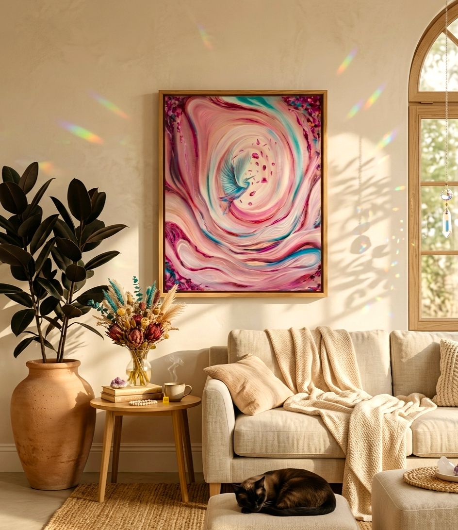 Quadro moderno astratto rosa della collezione Eterea in una soggiorno luminoso bohoo, dipinto su tela già incorniciato in legno alta qualità, pronta da appendere.