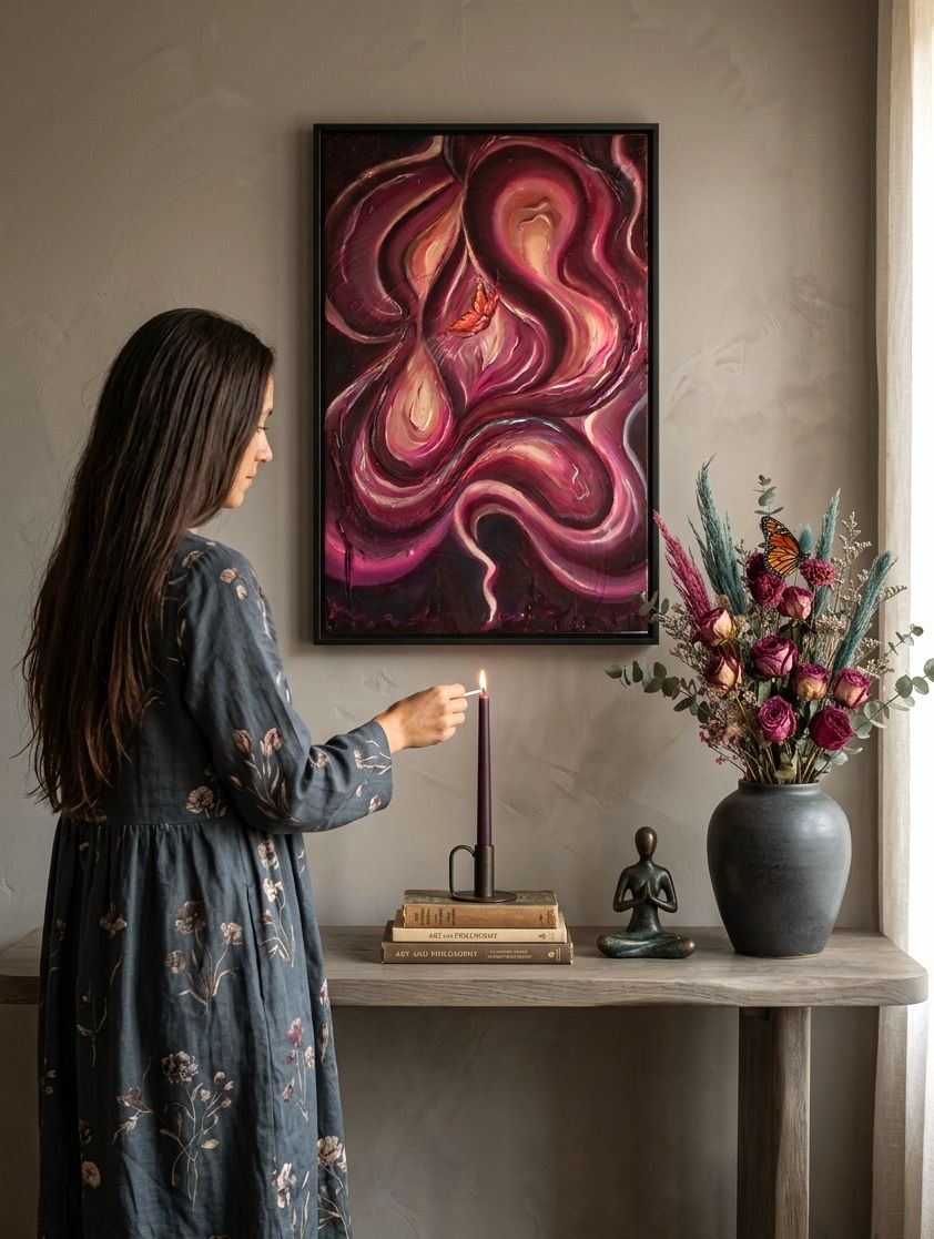 Quadro moderno astratto sui toni viola, bordeaux e oro della collezione Eterea in una soggiorno luminoso bohoo, incorniciato in legno alta qualità, pronta da appendere.