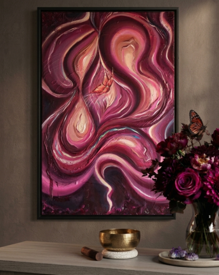 Quadro moderno astratto femminile Open Heart Portal della collezione Eterea, originale su tela già intelaiata e incorniciata pronta da appendere.