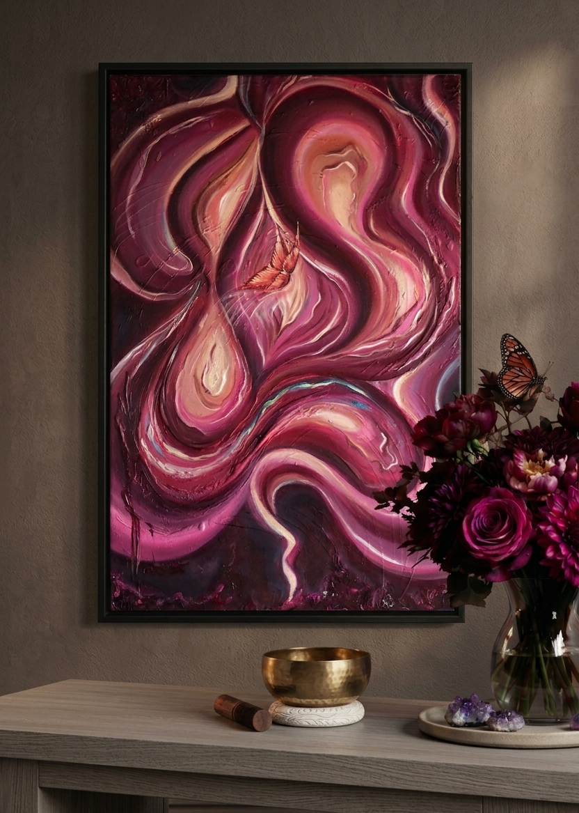 Quadro moderno astratto femminile Open Heart Portal della collezione Eterea, originale su tela già intelaiata e incorniciata pronta da appendere.