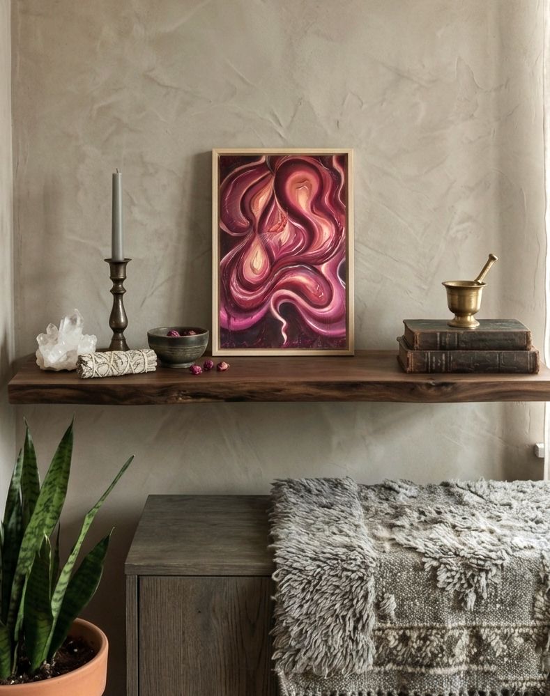 Stampa d'arte piccola S mistica astratta femminile Open Heart Portal della collezione Eterea, dark feminine energy stamp, stampa su tela già intelaiata e incorniciata pronta da appendere.
