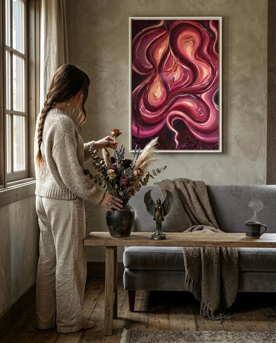 Stampa quadro astratto mistico sui toni viola, bordeaux e oro della collezione Eterea in una soggiorno luminoso bohoo, incorniciato in legno alta qualità, pronta da appendere.