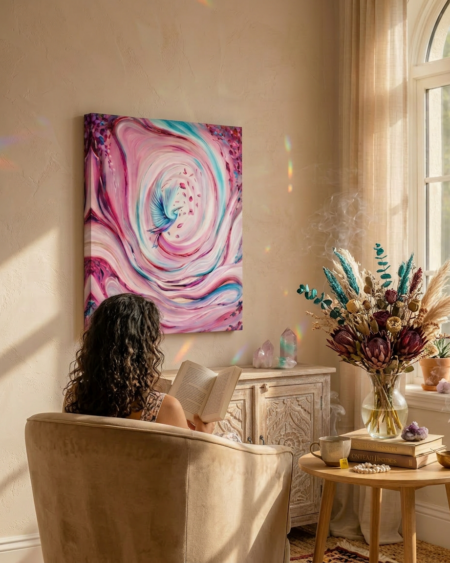 Quadro moderno semiastratto della collezione Eterea in una soggiorno luminoso bohoo, stampa su tela già intelaiata 4cm rifinita in studio pronta da appendere.