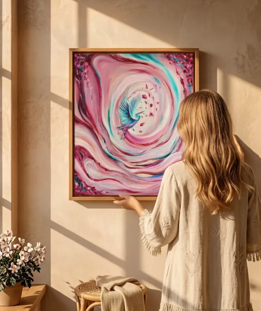 Dipinto-originale-in-soggiorno-elegante-bohoo-collezione-eterea-vittoria-saba-arte-intenzionale Opera materica astratta collezione Eterea - Vittoria Saba Art